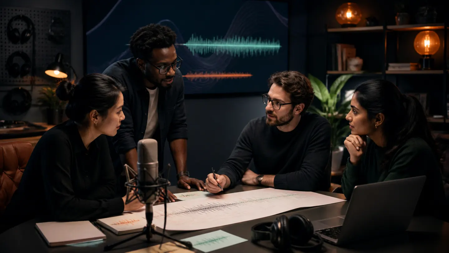 Audio creators and engineers collaborating around a microphone